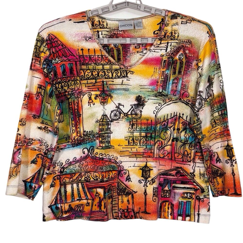 Vintage Chicos 2 City Scape Top Womens Large Artsy Colorful Graphic Parisian